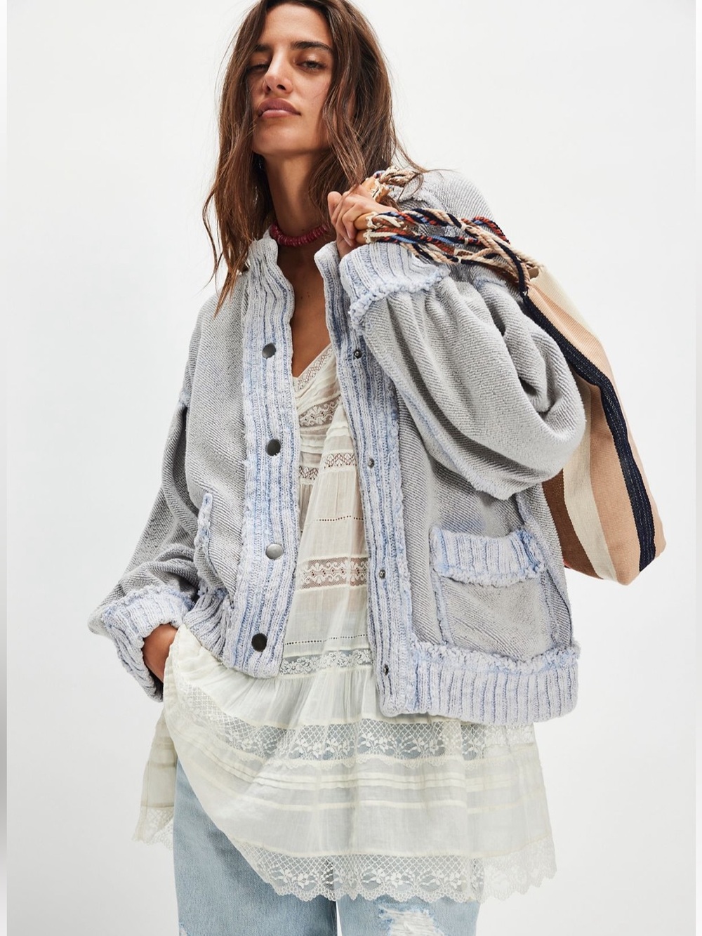 Free People Cute In This Cardi in Quiet Grey Boho Slouchy Oversized Relaxed Fit